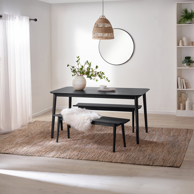 Rubberwood Solid Wood Dining Set, 74.5" H x 118" W x 77" D, Black, 4 Pieces: Table, Bench, 2 Chairs