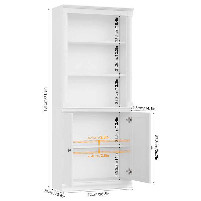Bibliothèque standard avec rangement H 71 ", Blanc