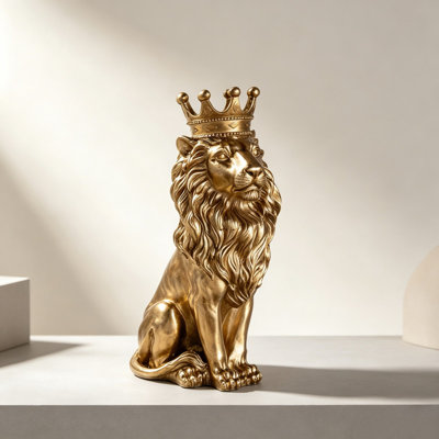 Regal Sitting Lion Figurine Metallic Gold Resin Stone Back To School Desk Decor