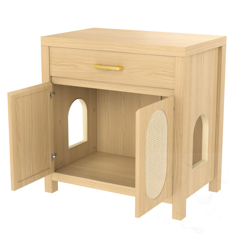 Enceinte de litière pour chat avec portes à griffes et tiroir de rangement, Naturel