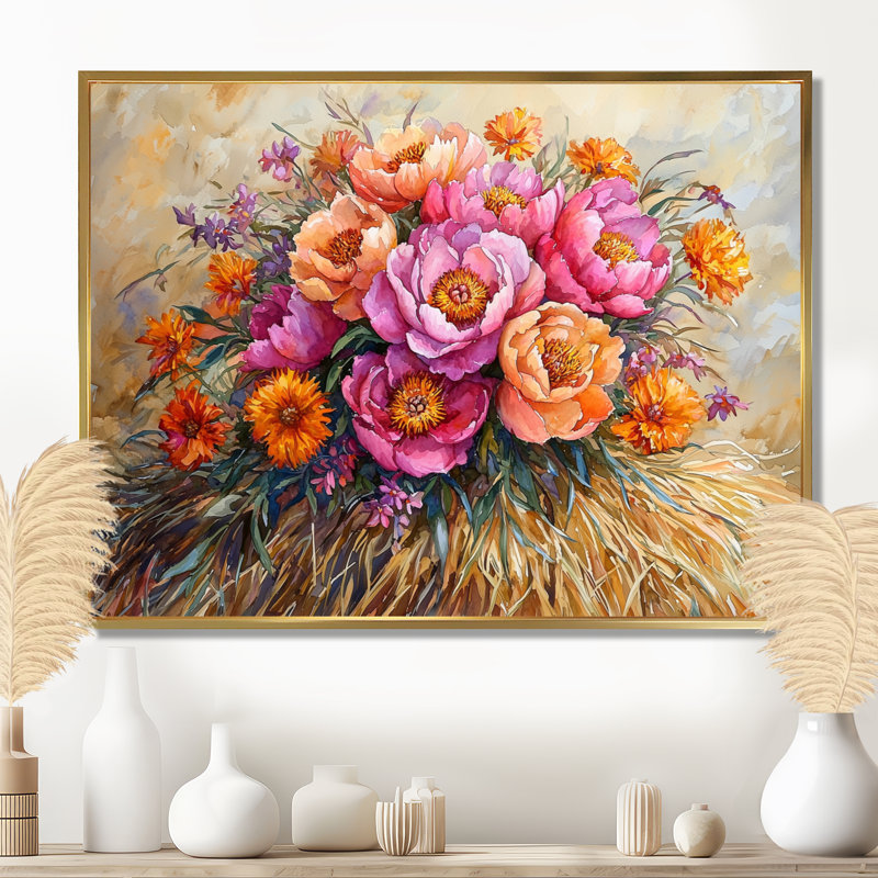 Été, bouquet de pivoines, art mural sur toile, 24" H x 32" W, Cadre flottant doré