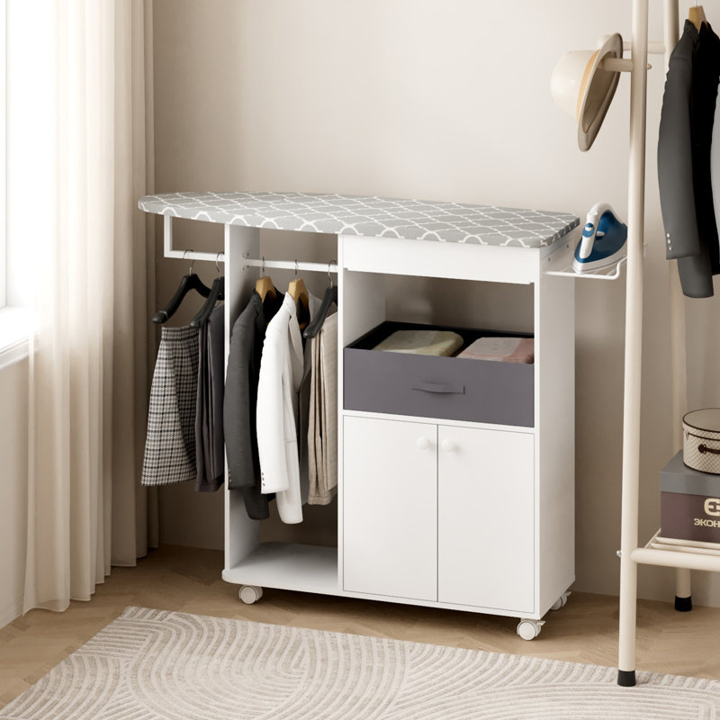 Armoire à planche à repasser autoportante avec rangement, chariot de repassage mobile avec roues verrouillables pour la lessive, la chambre à coucher et le vestiaire