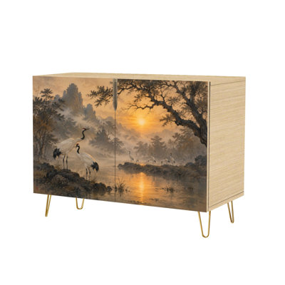 Modern Serene Sunset Landscape Red Crowned Cranes Misty Lake Sideboard Buffet Cabinet with 2 Concealed Storage Doors Multi-Functional Accent Console Cabinet Space-Saving Freestanding Storage Furniture for Living Room Kitchen Entryway and Coffee Bar