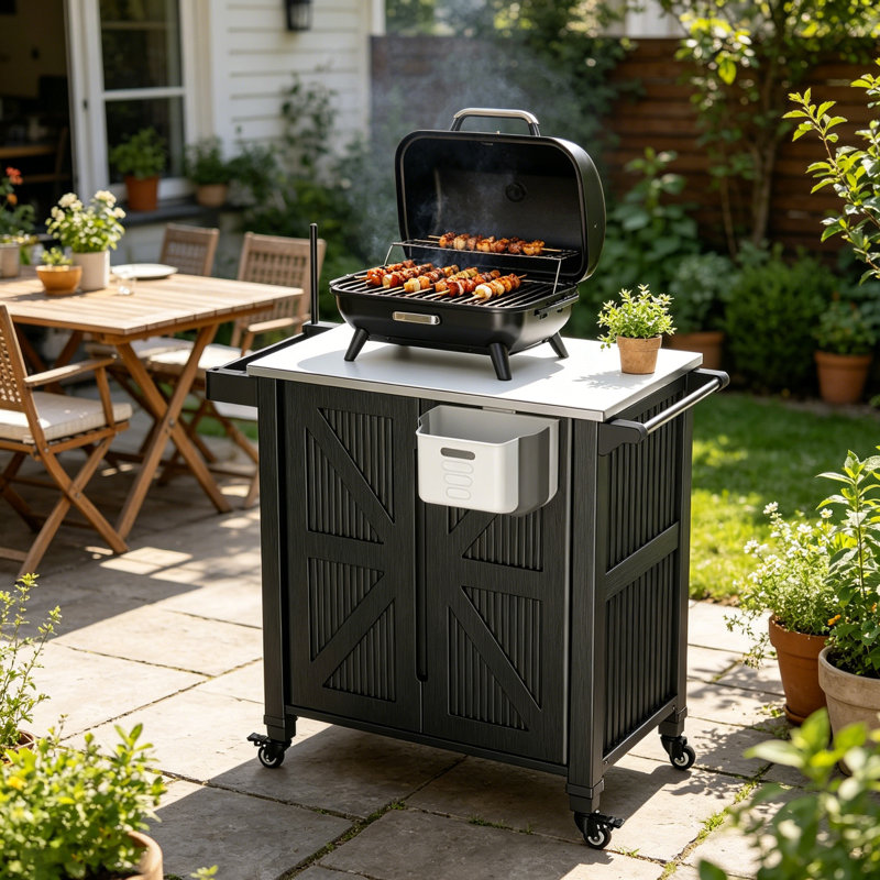 Chariot de gril d'extérieur avec armoire de rangement Aoole, chariot d'îlot de cuisine mobile 3-en-1, station de cuisson de gril d'extérieur avec comptoir en acier inoxydable, roulettes et tables d'appoint pliantes pour patio