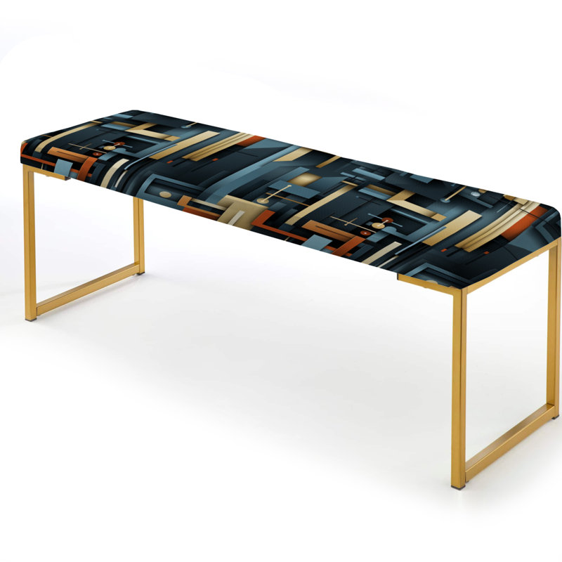 Striped Upholstered Gold Bench, Teal Industrial Geometry Lines Melody