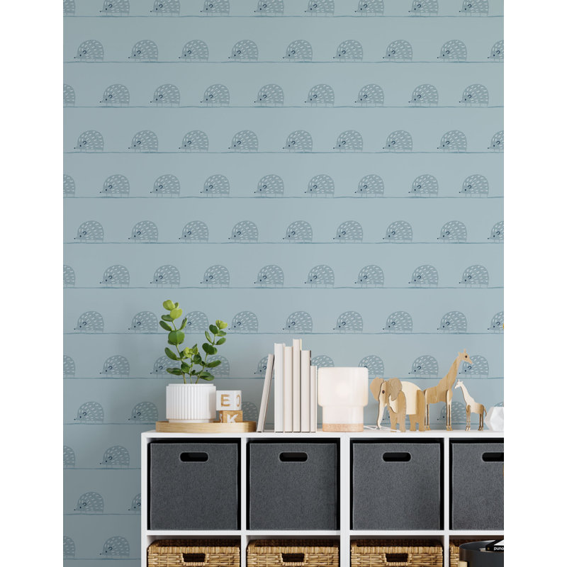 Hedgehog Parade 33' L x 20.5" W  Wallpaper Roll, Blue