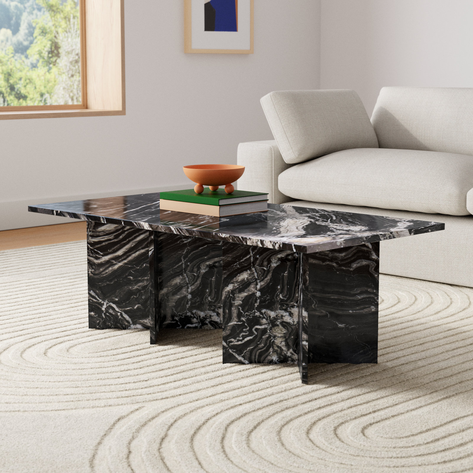 Verona 48" Genuine Marble Coffee Table, Black Marble