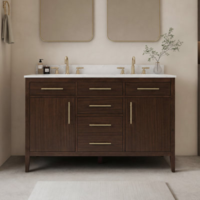 55" Fully Assembled Double Bathroom Vanity Set With Solid Surface White Granite Top and Backsplash