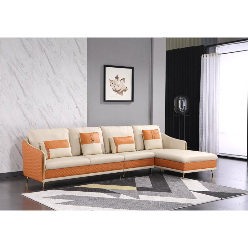 Icaro Sectional, Right Hand Facing, Off White/Orange Genuine Leather