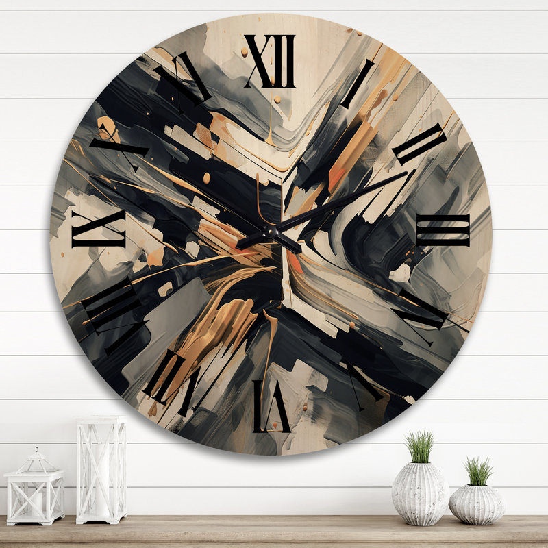 Horloge murale surdimensionnée en bois doré et gris Abstractions I - Formes abstraites, Très grand