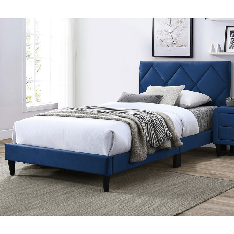 Velvet Upholstered Adjustable Headboard Bed With Tufting Design, Full, Blue