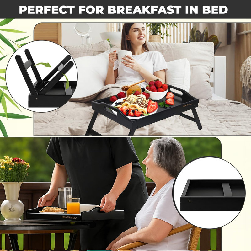 Wooden Bamboo Breakfast Food Serving Tray Black Portable and Folding Legs Pack Of 2 