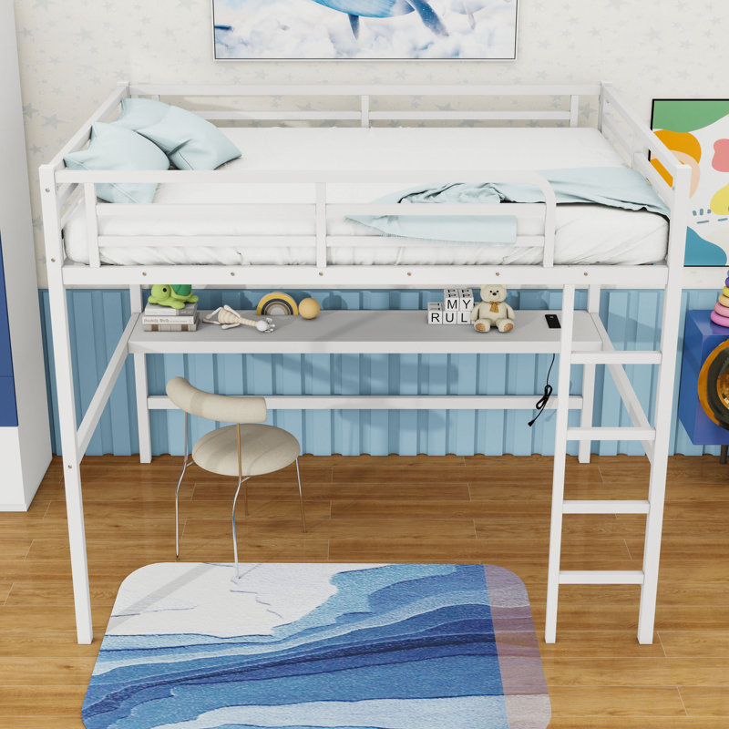 Queen Metal Loft Bed With Built-In-Desk And LED And Charging Station
