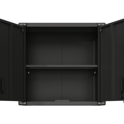 Metal Tool Cabinet For Warehouse. 2 Locking Doors, 1 Adjustable Shelf, Opened Drawer. Space Efficient Wall Mounted Storage Unit With Shelf And For Garage, Warehouse, Office. , Black, Modern