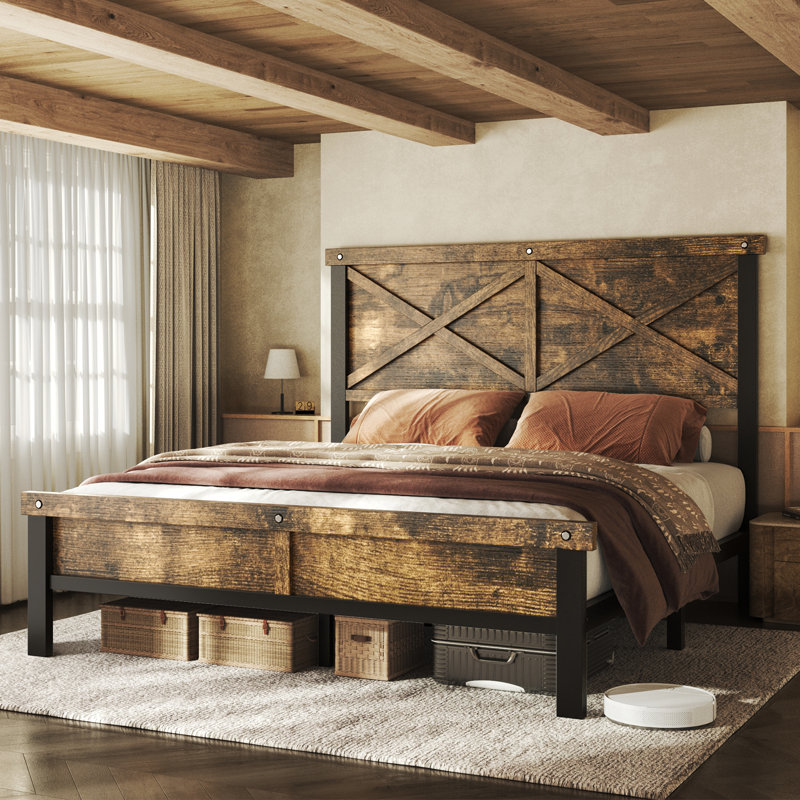 Farmhouse Queen Size Bed Frame with 51.2" Tall Geometric Headboard,Modern Platform Bed with Under Bed Storage, All-Metal Support System, No Box Spring Needed, Easy Assembly,Rustic Brown