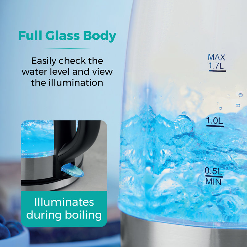 Tower PT10090 Illuminating Glass Kettle with Removable Filter, Boil Dry Protection, 1.7L, 2200W, Black