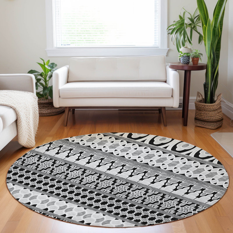 Premium Machine Washable Prisco Black Rug, Round 8'