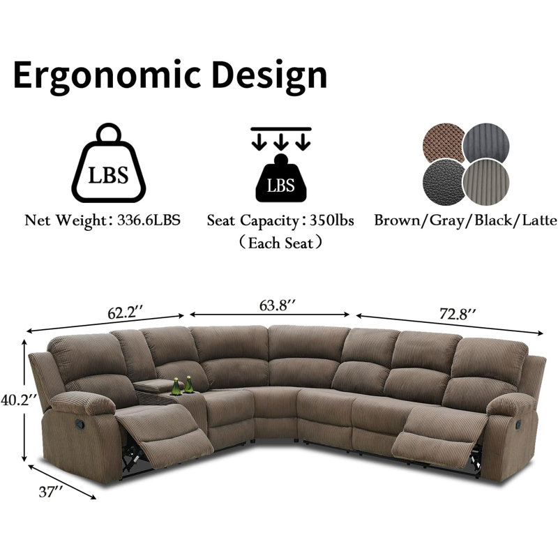 3 - Piece Modern And Overstuffed Soft Manual Reclining Sectional With Cupholders And Storage, Tan