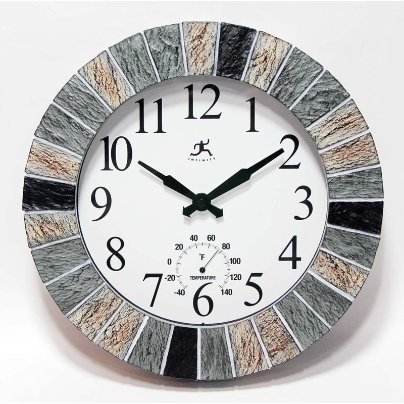 13" Faux Slate Frame Indoor/Outdoor Wall Clock with Thermometer