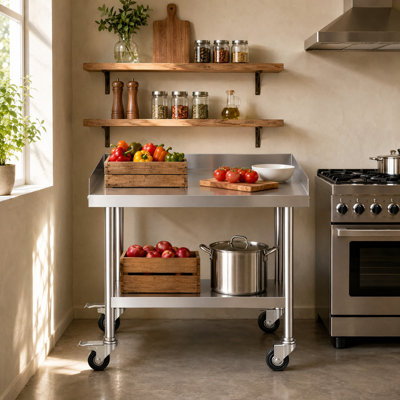 Stainless Steel Work Table 24 x 24 x 30 in Commercial Food Prep Table with Wheels, Adjustable Shelves and 3-Sided Backsplash, Heavy Duty Metal Worktable for Restaurant Kitchen Garage