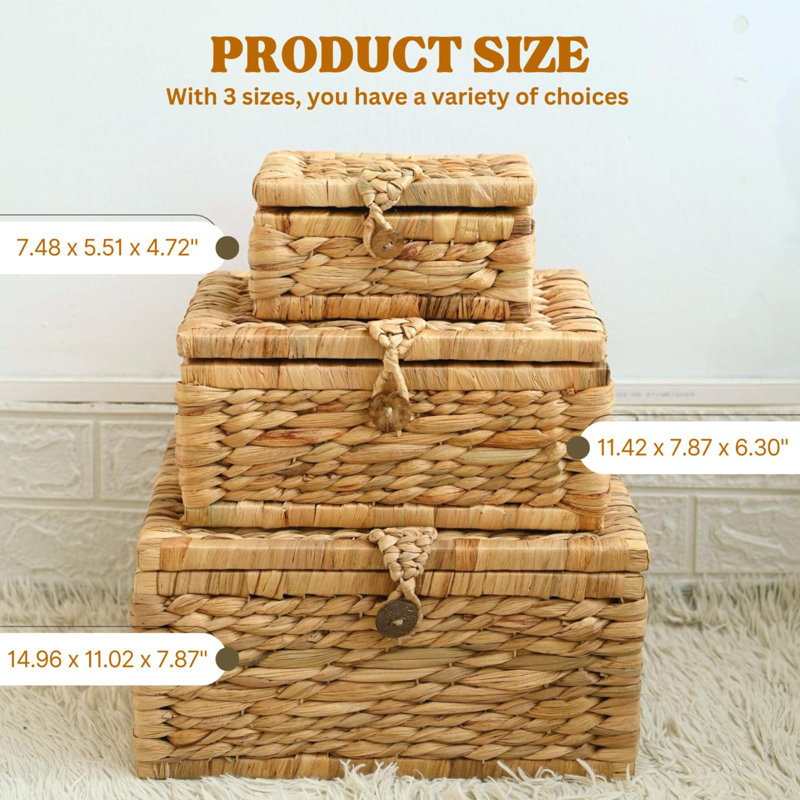 Set Of  Handwoven Storage Boxes With Lid Wicker Rectangular Basket For Seagrass Decorative Boxes For Home Décor Stacking Baskets With Lids For