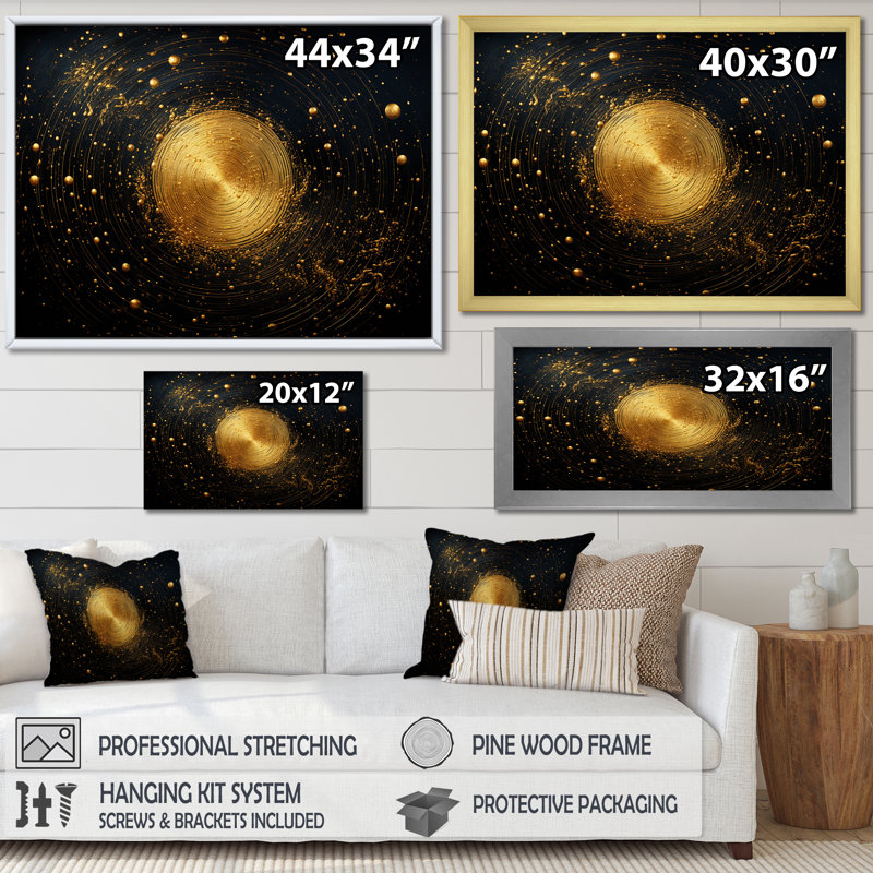 Lune dorée scintillante sur toile, Cadre flottant doré, H 16 po x l 32 po x P 1 po