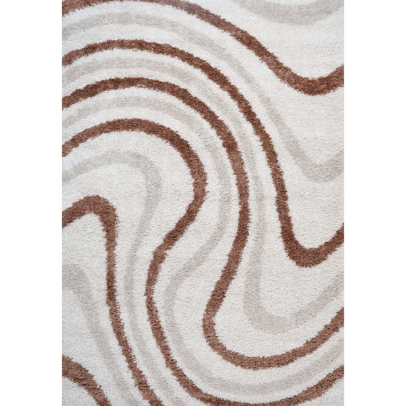 Moodi Modern Shaggy Area Rug Abstract Wavy Line Design, Off-White Beige/Terra, Rectangle 80 x 150 cm