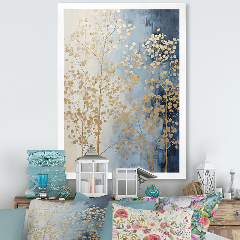 Minimalisme harmonie des arbres beiges et bleus, impression sur toile, H 32 po x l 16 po x P 1 po, Cadre simple blanc