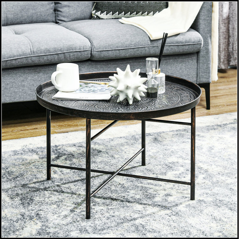 Table basse ronde de 24 po avec plateau martelé, design en métal rétro pour une décoration élégante, Étain