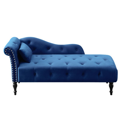 Elegant Velvet Chaise, Nailhead Trim, Solid Wood Legs, Blue - Transform Your Office Chaise With Buttons, Space