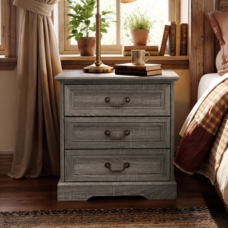 Auserine 3-Drawer Nightstand With Built-In Outlet, Gray