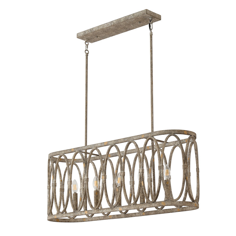 Lustre linéaire rustique en métal à 5 lumières avec anneaux de cuisine, Gris-bleu vieilli