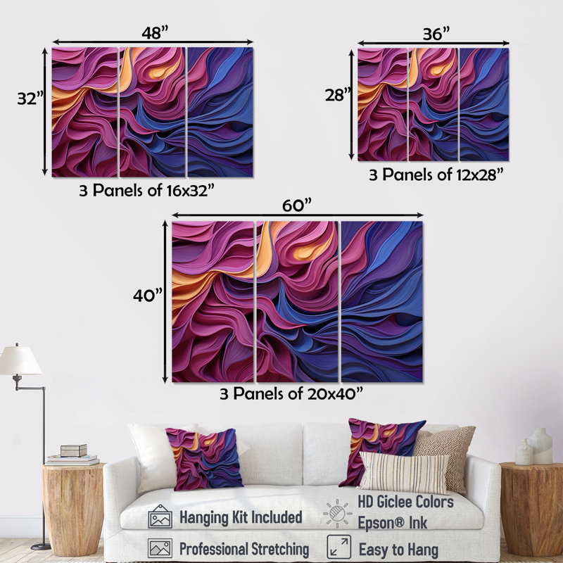 Art mural géométrique bleu et mauve, Toile tendue, H 40 po x l 61 po x P 1 po