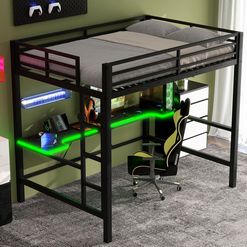 Structure de lit double pleine grandeur avec lumière DEL, station de charge USB et bureau, Noir, Lit double