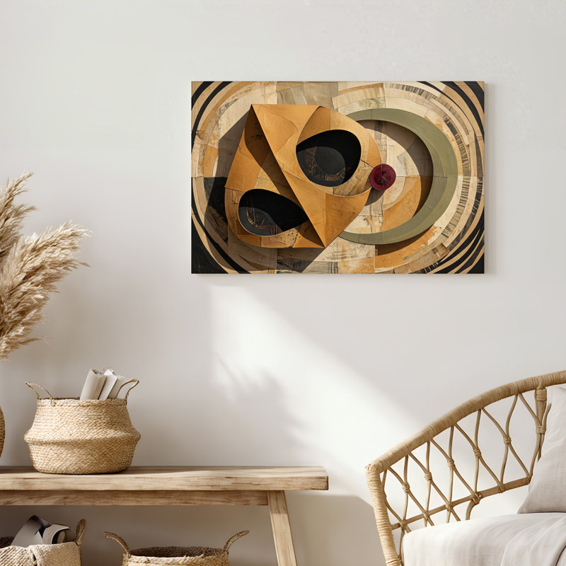 Abstract Golden Geometric Collage with Concentric Rings Canvas Wall Art, H 20 po x l 30 po