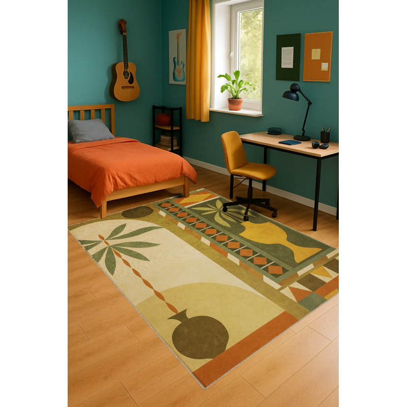 Tapis vert tissé à motif lavable Mosso, 4'11" x 7'7"