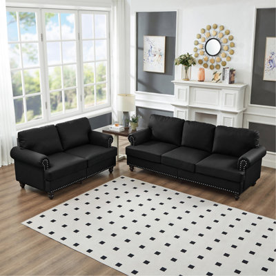 Modern 2+3 Seater Living Room Faux Leather Sofa & Loveseat Set with Nailhead Trim, Black