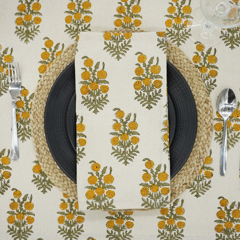 Fabdivine 18X18 Inch Block Print Floral Napkin - Handcrafted Design for Beautiful Tables, Hjara, Yellow