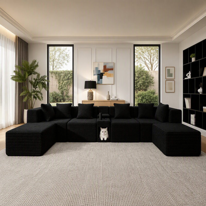 Canapé d'angle confortable en velours côtelé en forme de U avec méridienne et pouf