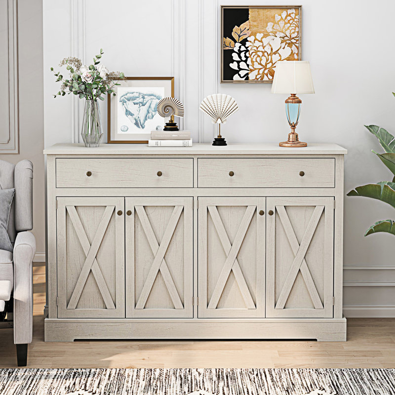 Vintage Sideboard With Two Drawers, Four Doors And X-shaped Design, White