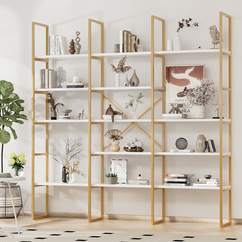 71 Inches Triple 5 Tier Book Shelf, Industrial Large Bookcase With Storage Cabinet Sturdy Metal Frame, Freestanding Display Shelving Unit