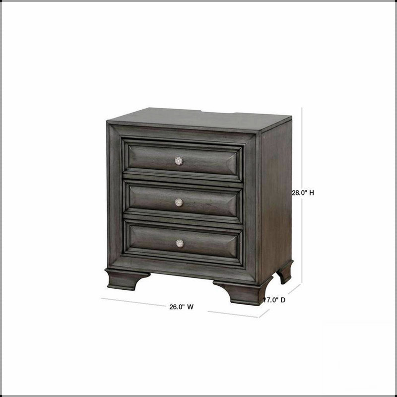 Table de chevet transitionnelle en bois massif à 3 tiroirs avec éclairage et prise USB / au fini gris