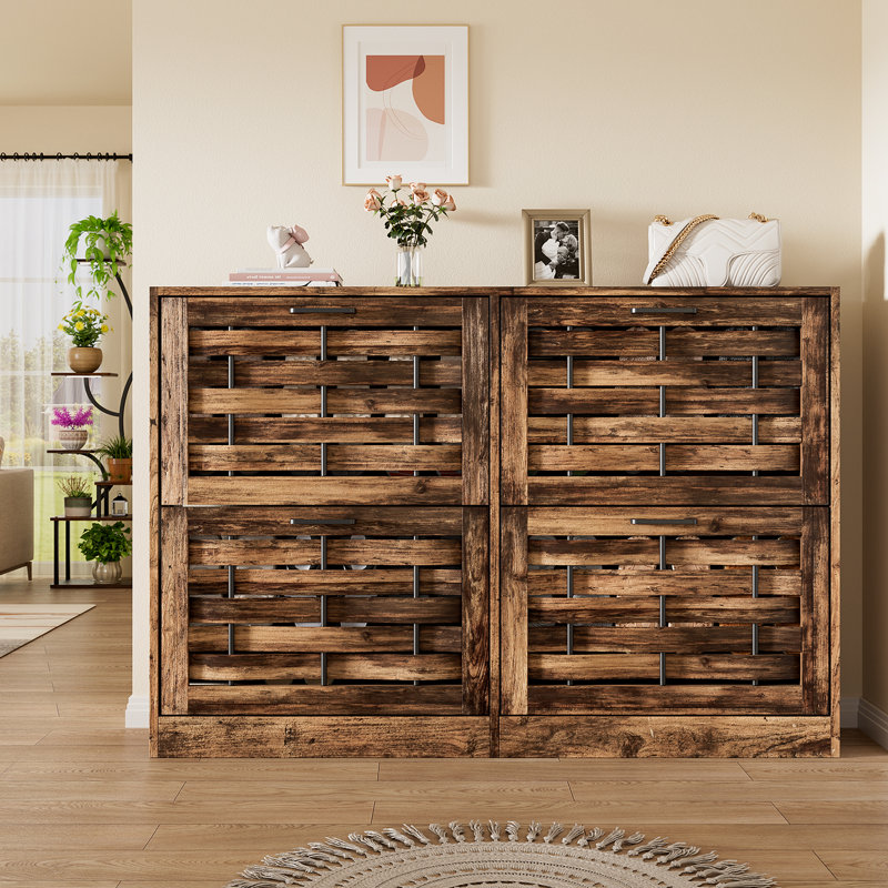 Shoe Cabinet With 4 Flip-Top Drawers For Entryway, Slim Hidden Shoe Rack For Hallways, Rustic Brown