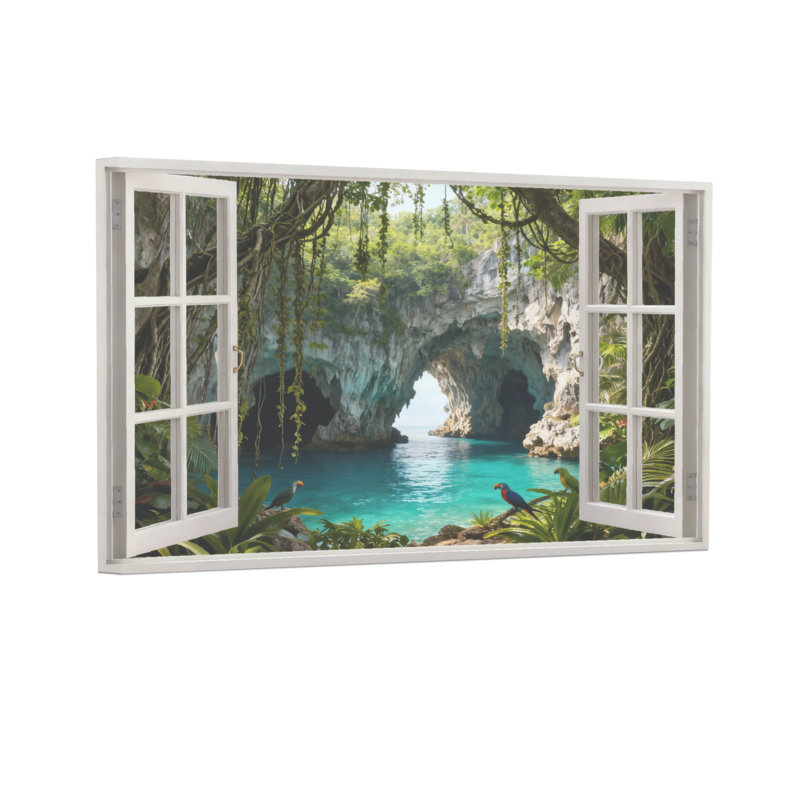 Paysage, nature, grotte tropicale, cascade, verdure, oiseaux, fenêtre, vue, scène naturelle, H 12 po x l 18 po