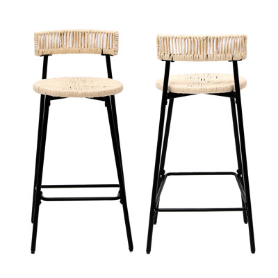 2 Counter Stools: Handwoven Paper Rope. Style For Home. Black Metal Frame, Creamy White Seat. And Practical Rope Seating. Decor Party Room. Functional