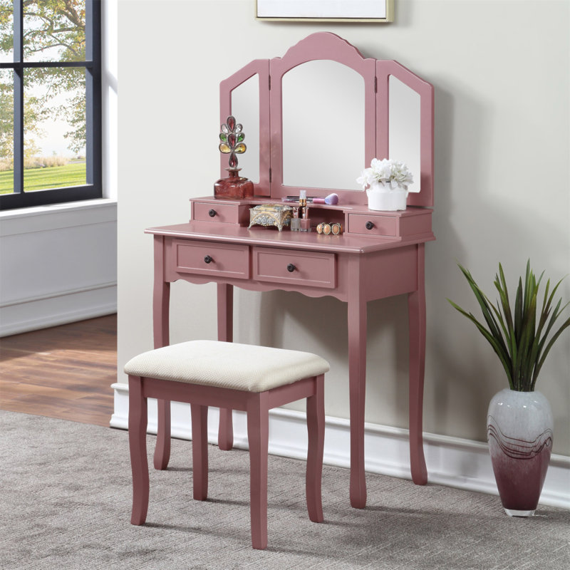 Ensemble coiffeuse et tabouret en bois Sanlo, Rose