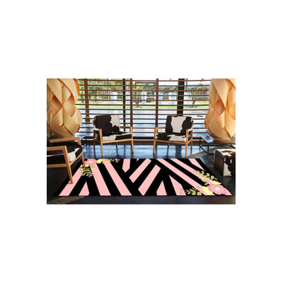 Pink Cross Geometric Modern Floral Striped Decorative Machine Washable Rug
