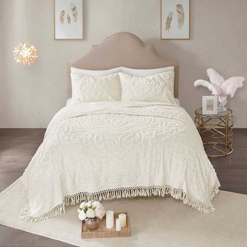 Couvre-lit très médaillon en coton chenille, Couvre-lit très grand / couvre-lit + 2 taies déc, Ivoire ivoire