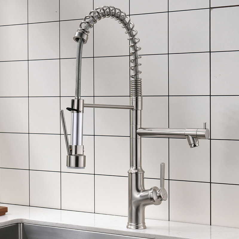 Robinet de cuisine avec douchette rétractable en nickel brossé, hauteur du produit 9,38, rotation à 360 degrés, flux chaud et froid, élégant, largeur 2,09, un trou, design contemporain