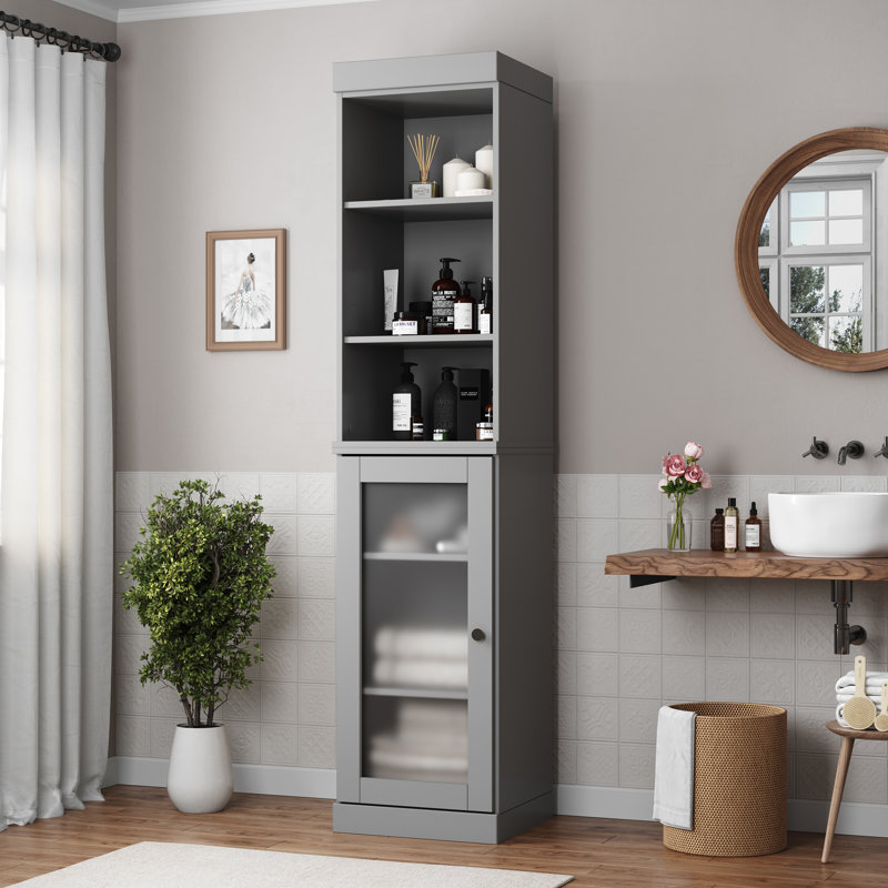 100% Solid Wood 16.5" Bathroom Storage Cabinet with Frosted Glass Doors and Adjustable Shelves, Gray